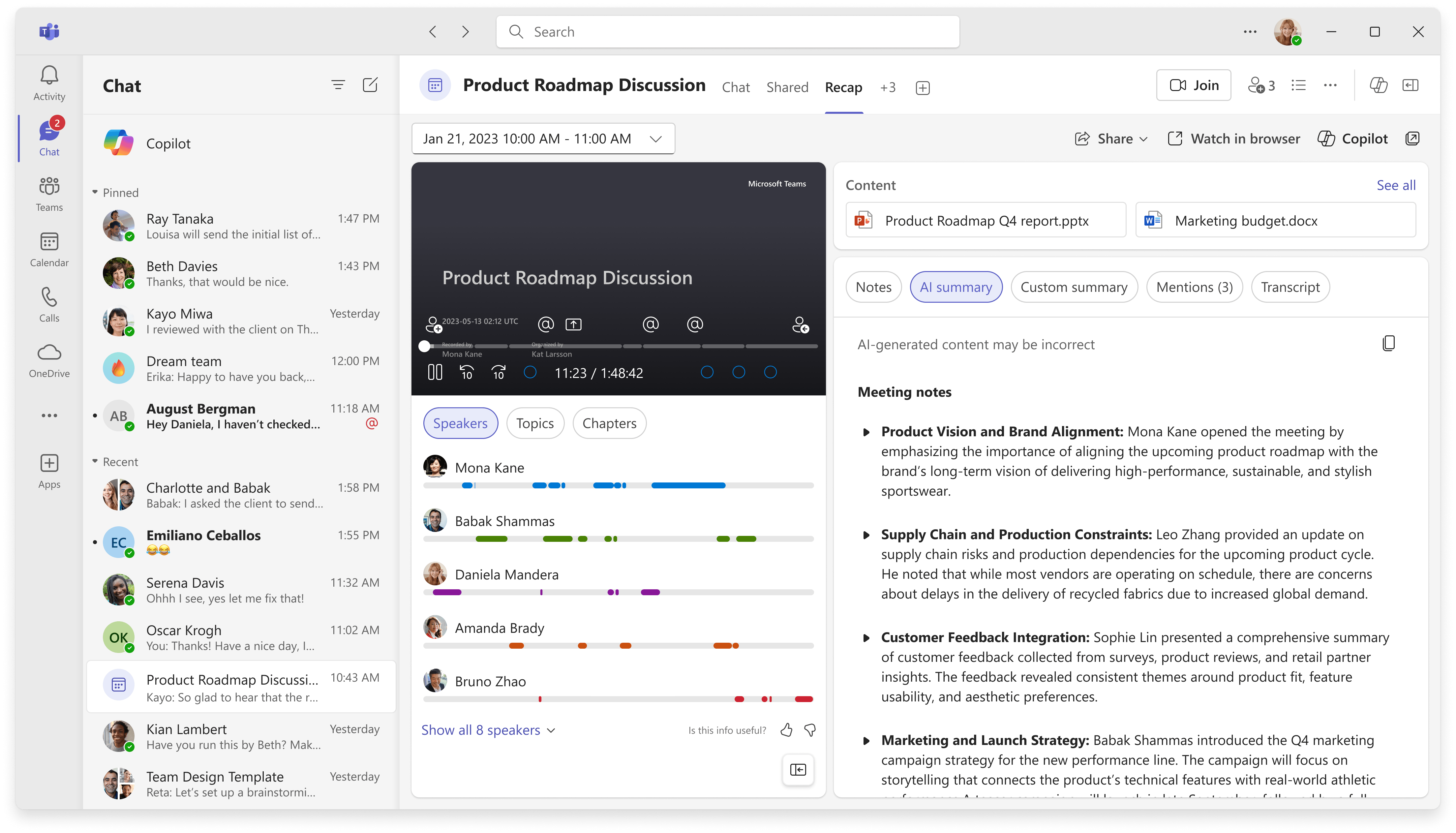 Microsoft Teams Recap showing meeting content, AI summary, transcript, and speaker timeline